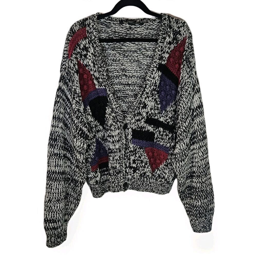 Vtg Handmade 80s Black & Gray Chunky Abstract Cardigan Sweater Women's Large